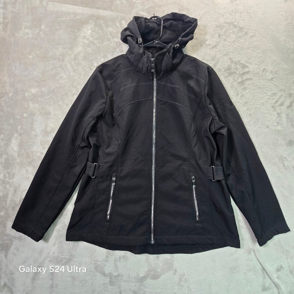 ZeroXposur Womens Black Hooded Softshell Jacket Faux Fur Fleece Lined V92370 L